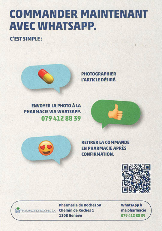 Pharmacie de Roches aux Eaux-Vives, Genève - Service de commande par Whatsapp Pic & Collect